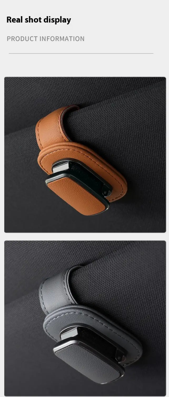 Brown leather car glasses clip holder with black magnetic clasp made of pu leather for secure attachment.