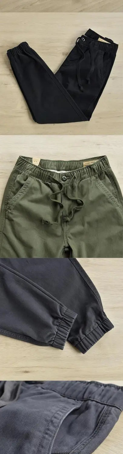 Men’s casual cargo jogger pants in olive green cotton with an elastic waistband, drawstring, relaxed fit, and tapered cuffs.