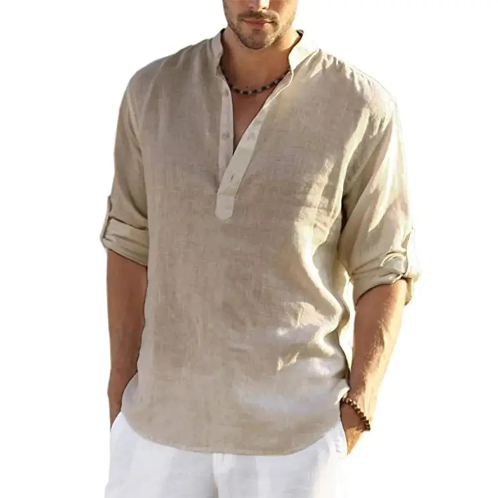 Men’s Casual v Neck Rolled Sleeve Linen Pullover Shirt