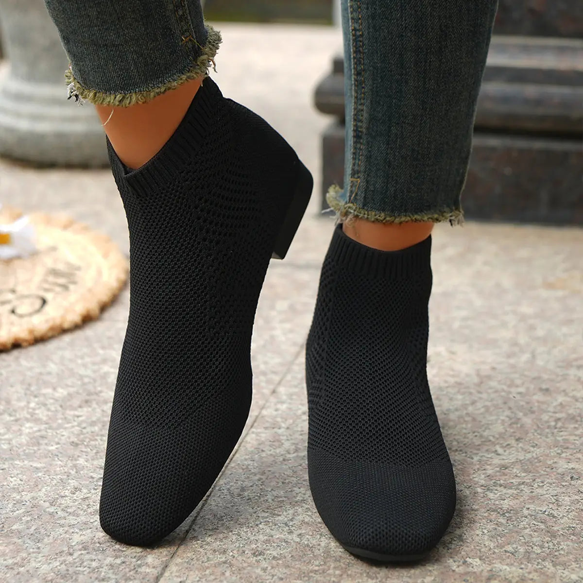 Plus-Size-Spitz zulaufende schwarze Strick-Schnürstiefeletten mit schlankem, dehnbarem Stoff und niedrigem Blockabsatz