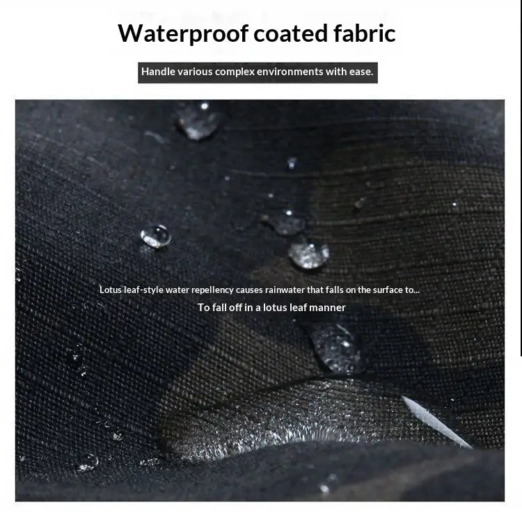 Black waterproof coated fabric with a textured weave and lotus leaf-style water repellency used in tactical cargo pants with multiple pockets for men summer use.
