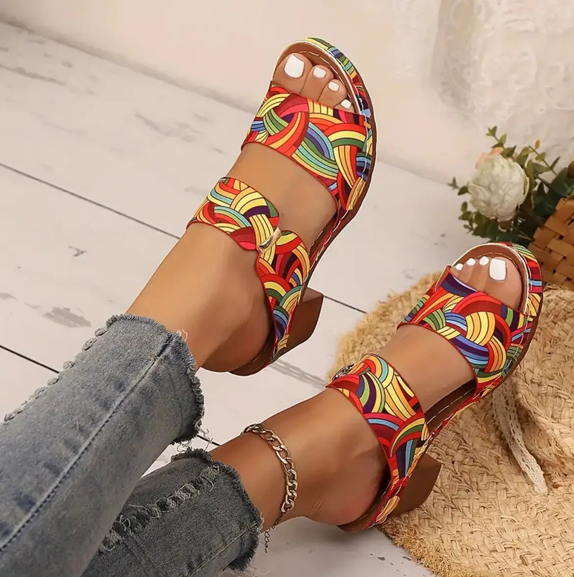 Graffiti high heel slide sandals featuring colorful rainbow-patterned open-toe design with chunky heel and two buckle straps.