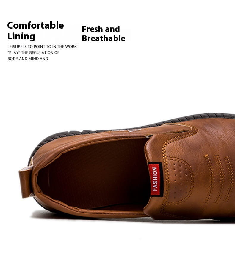 Men’s lightweight breathable white faux leather slip on shoe with brown embroidered detailing and textured rubber sole