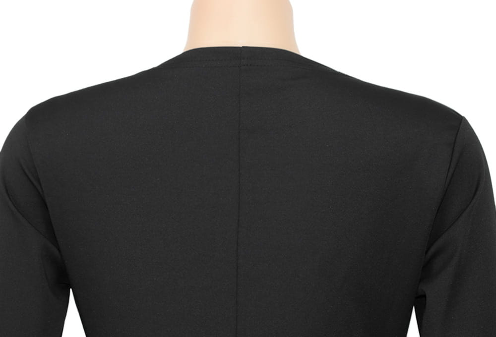 black long-sleeved velvet v-neck evening dress with a simple fitted design suitable for formal occasions