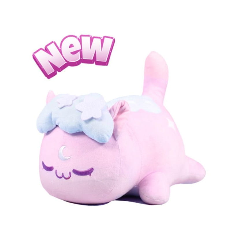 pink plush cat stuffed animal toy for kids 25cm featuring light blue cloud-like hair and a white crescent moon on its forehead