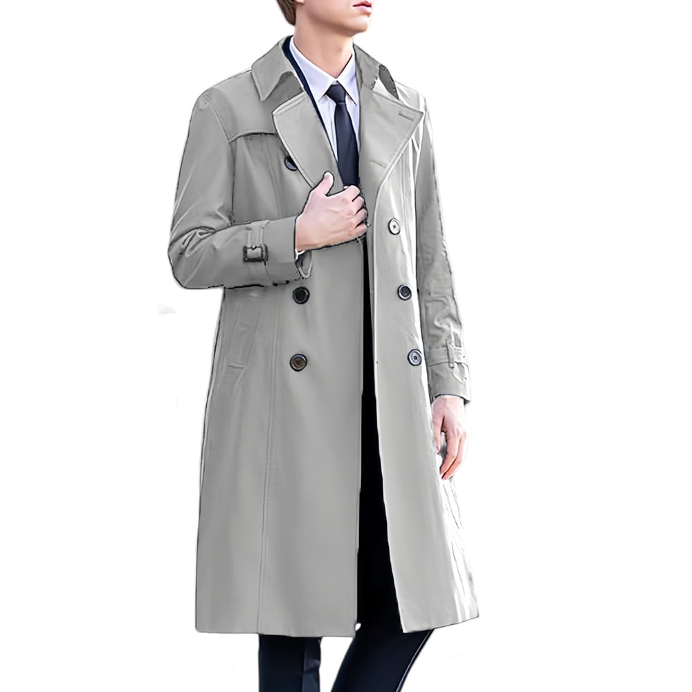 A sleek light gray men solid color long trench coat featuring a classic double-breasted design with dark buttons.