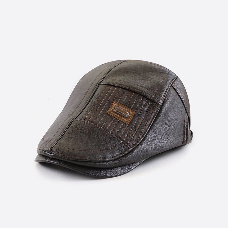 Dark brown pu leather two tone flat cap for men featuring stitched panels and a small rectangular patch on the front.