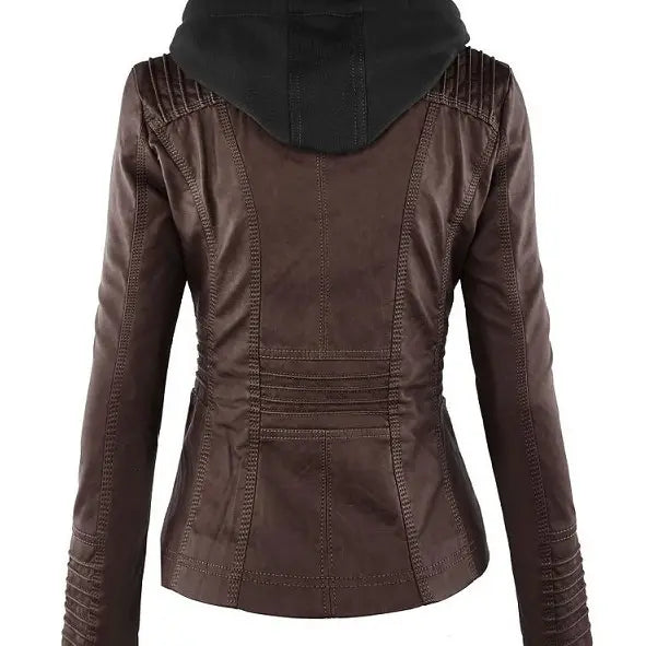 Brown faux leather moto jacket with black detachable hood and stitched paneling shown from the front.