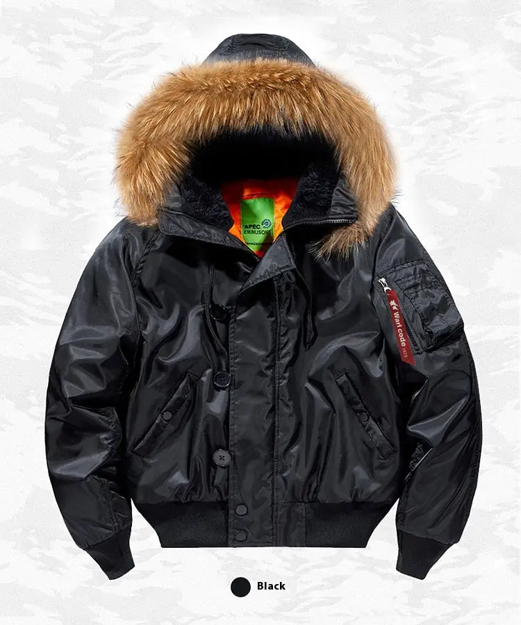 Black matte nylon bomber jacket with a tan fur-lined removable collar and a red zipper pull in plus size