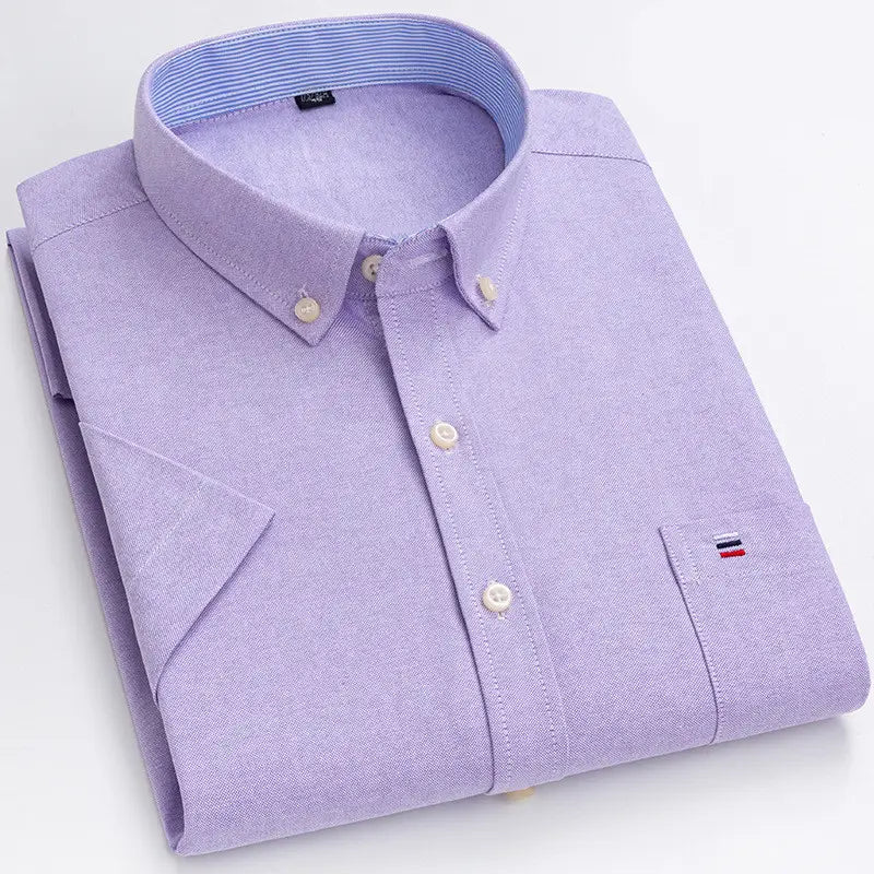 Men’s premium 100 percent cotton textured short sleeve shirt in lavender with white buttons and a subtle striped inner collar.