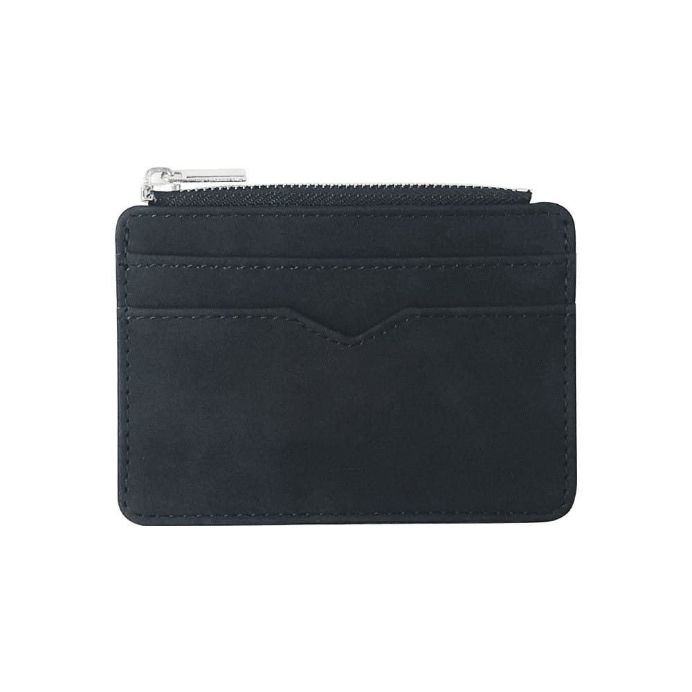 Black leather card holder wallet for men with silver zipper made of pu leather.