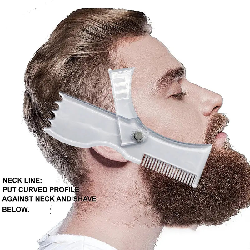 Clear plastic beard shaping template comb with 360 degree rotation featuring an adjustable curved profile and comb for precise neckline shaving.