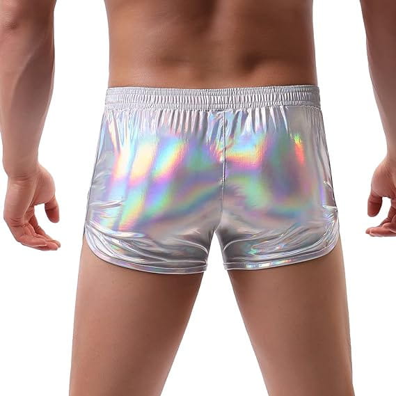 Mens shiny metallic casual shorts featuring shiny silver holographic material with a reflective iridescent finish.
