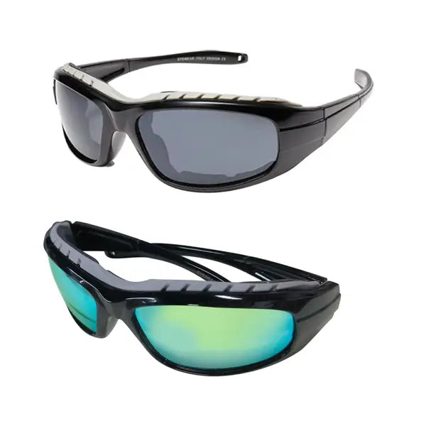 black-framed polarized windproof sport riding sunglasses with dark gray and reflective teal lenses.