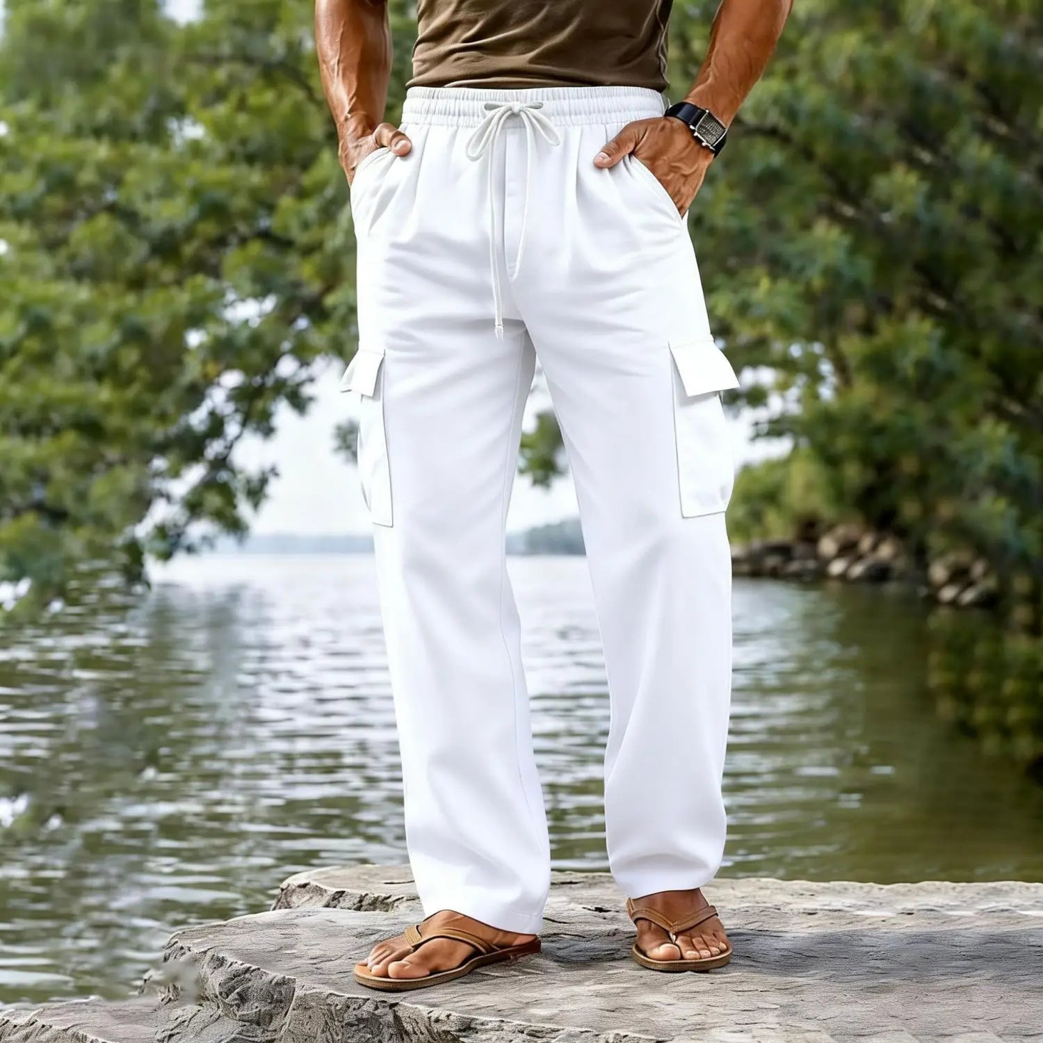 Men cotton linen cargo pants in white featuring a drawstring waist and large side pockets made from lightweight fabric for casual wear.