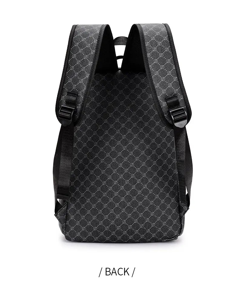 Black backpack with a large capacity geometric business pu bag featuring a repeating gray geometric pattern and adjustable shoulder straps.