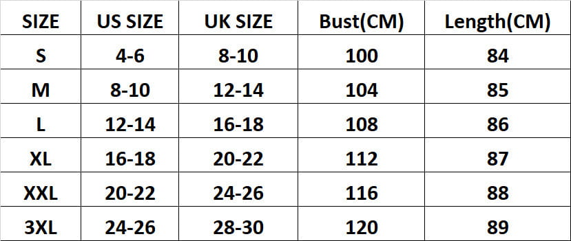 Size chart for oversized mid length hooded sweatshirt dress with pockets showing bust and length measurements from size s to 3xl.