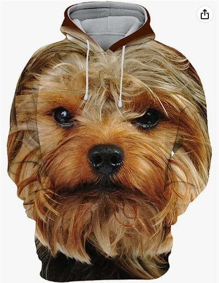 Homme sweat à capuche en pull-over imprimé 3D représentant un portrait de chien, avec un design du visage de Yorkshire terrier confortable brun et beige, doublé d’une capuche grise.