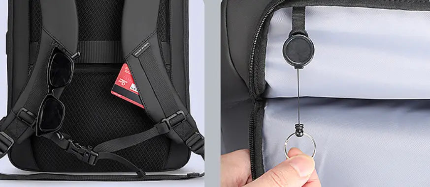 Business-Reiserucksack in Schwarz aus Mesh und Nylon mit ausziehbarer Zugschlaufe zur sicheren Aufbewahrung des Laptops.
