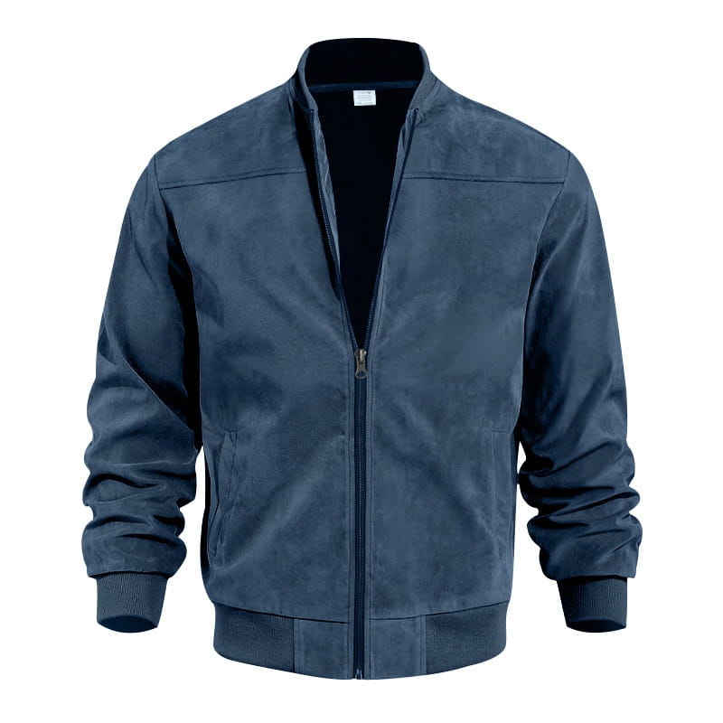 dark blue suede bomber jacket for men with ribbed cuffs and waistband suitable for casual retro wear