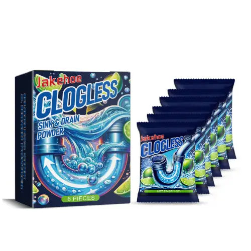 blue-packaged jakethee clogless lemon pipe clog remover powder 250g featuring vibrant graphic of pipes with lime slices for drain cleaning use