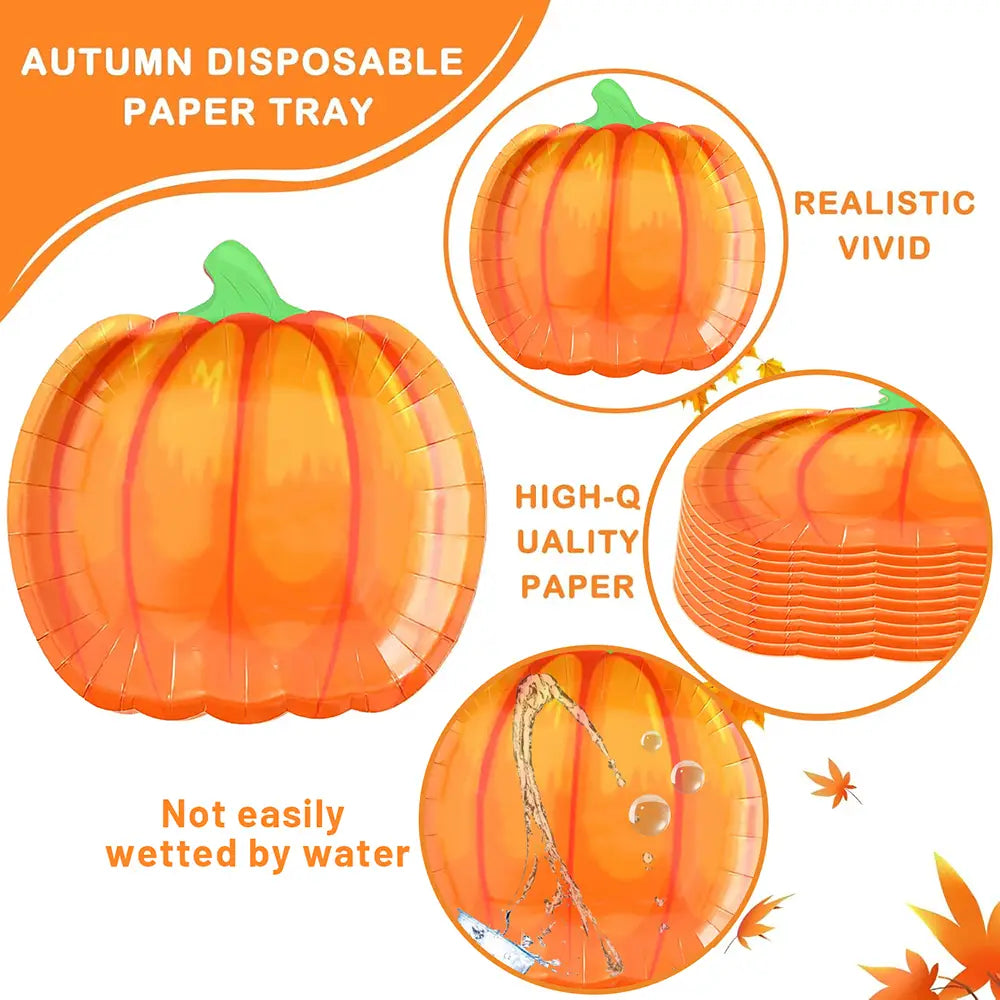 Orange pumpkin-shaped disposable paper tray with a green stem and vivid realistic design from the thanksgiving pumpkin paper plates and tableware set.
