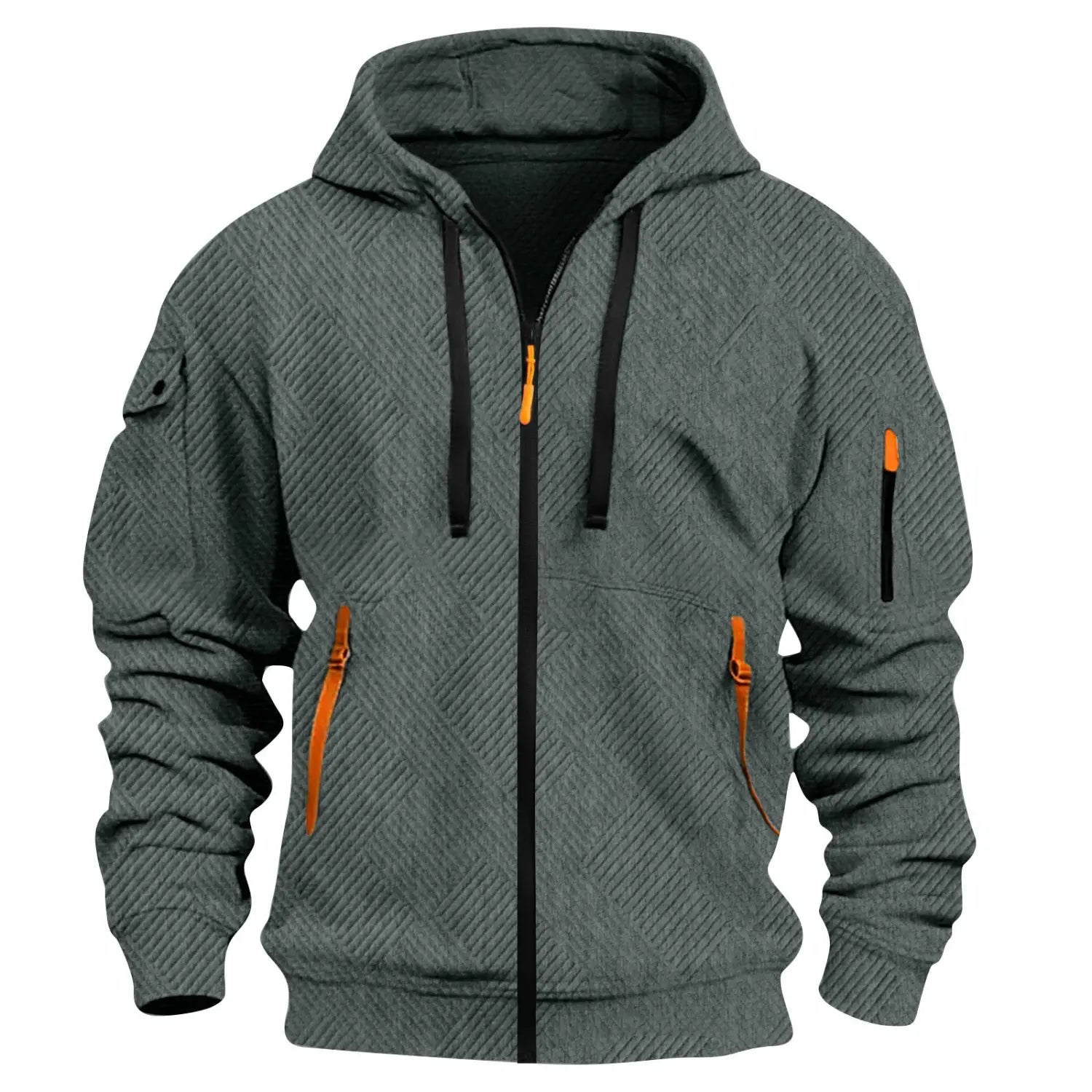 Men’s dark gray textured sporty zip hoodie with a herringbone pattern featuring black zipper and drawstrings with bright orange pulls on front pockets and cuffs.