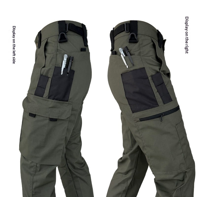 Olive green tactical cargo pants for men with black reinforced panels and multiple utility pockets designed for summer use.