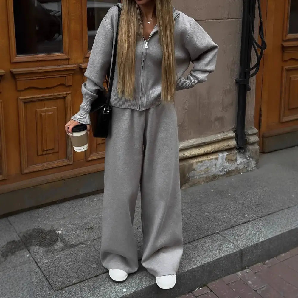 women’s gray knit zip up cardigan and wide leg pant set featuring a hoodie and matching pants made from soft knit material for comfortable casual wear