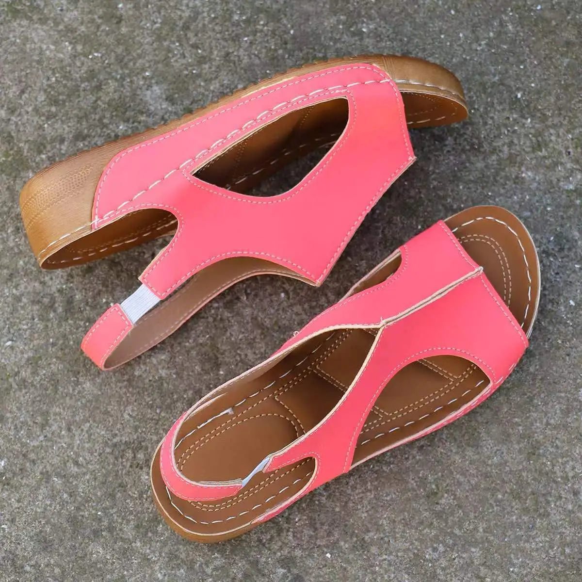Tan recycled leather wedge sandals for women with elastic straps cutout details and white stitching for summer wear