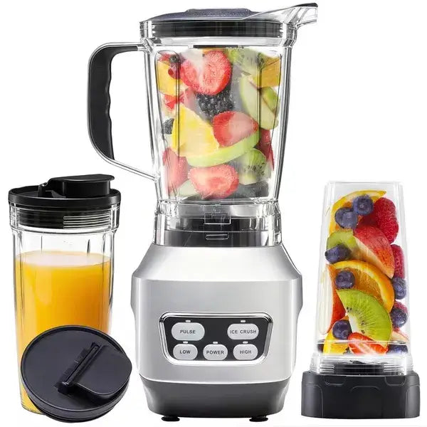 Silver and black professional smoothie blender with clear pitcher filled with chopped fruit featuring pulse, ice crush, low, power, and high speed settings for countertop use.
