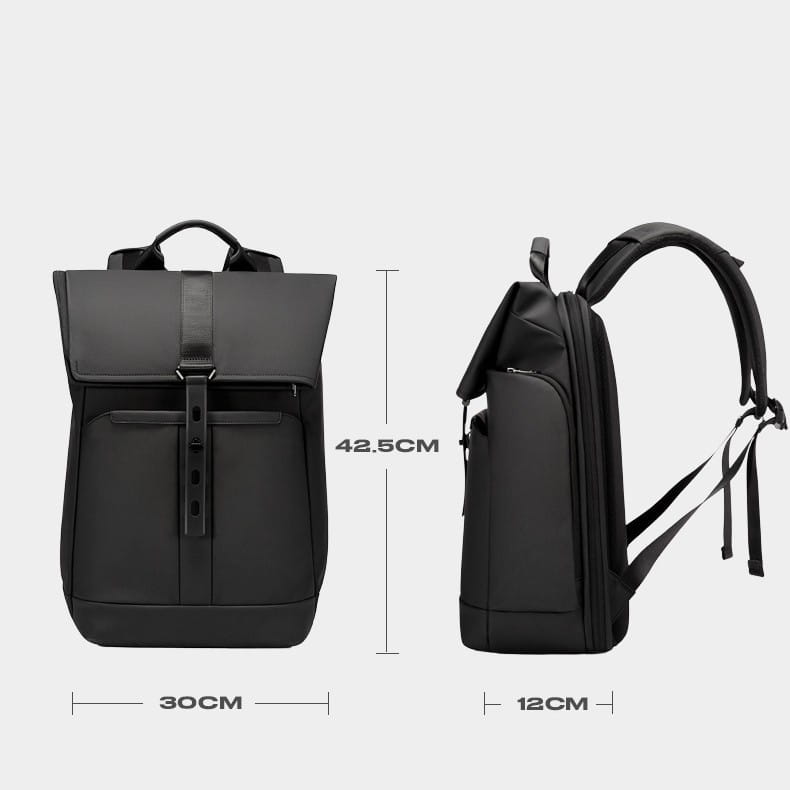 Black nylon business backpack with large capacity 30l featuring roll-top closure and adjustable shoulder straps shown from the back side.