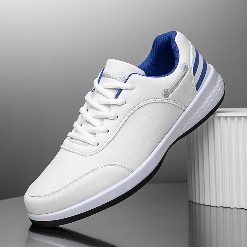 White leather strong cavalry breathable mesh casual athletic sneaker with blue accents and a black rubber sole.