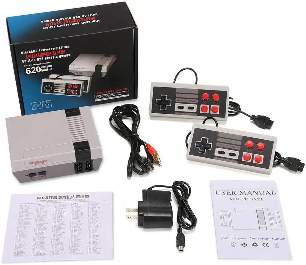Gray and black retro-style 620 Mini game anniversary edition console with two matching controllers power adapter cables and user manual for video gaming.