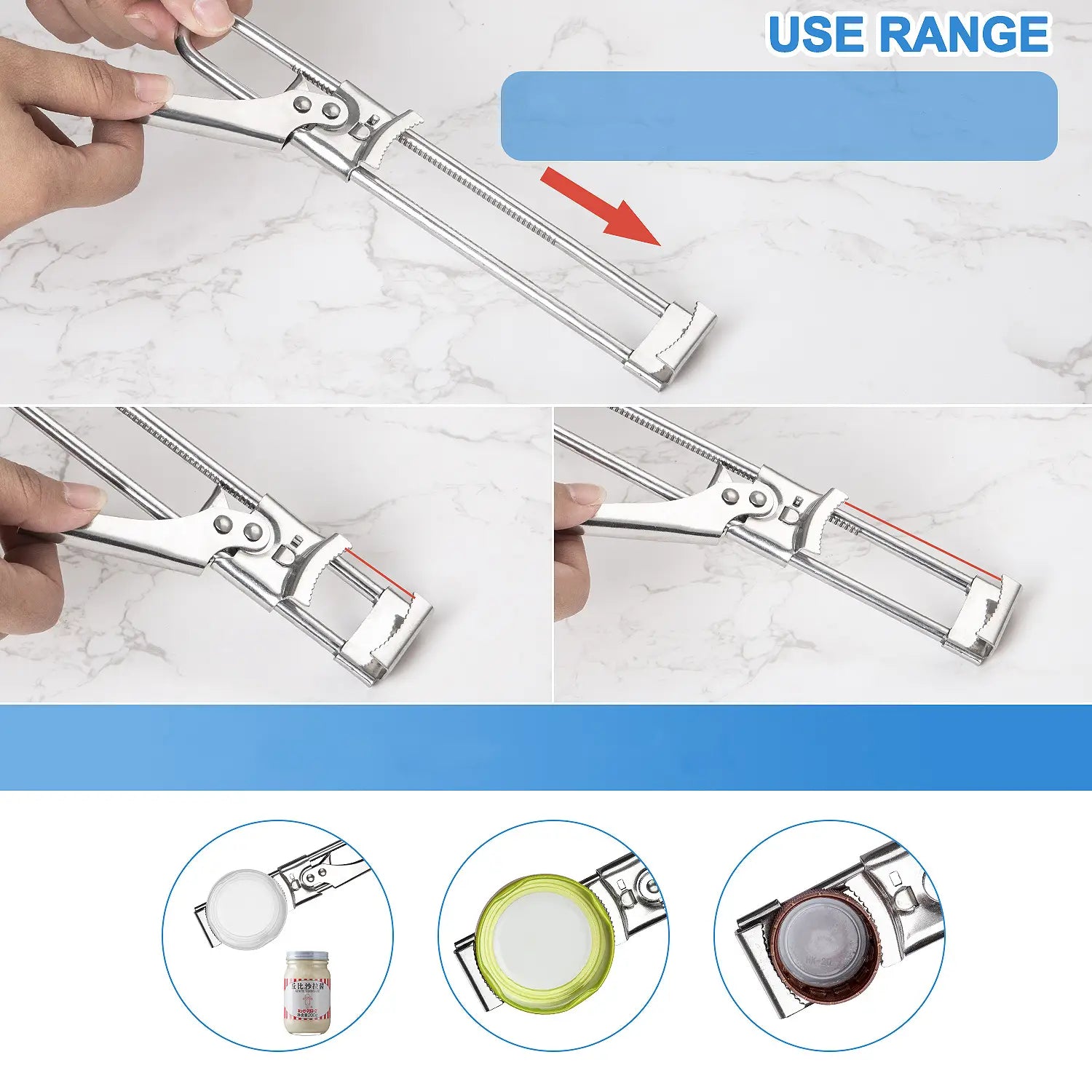 Silver stainless steel adjustable jar and bottle opener with metal jaws for various jar sizes.