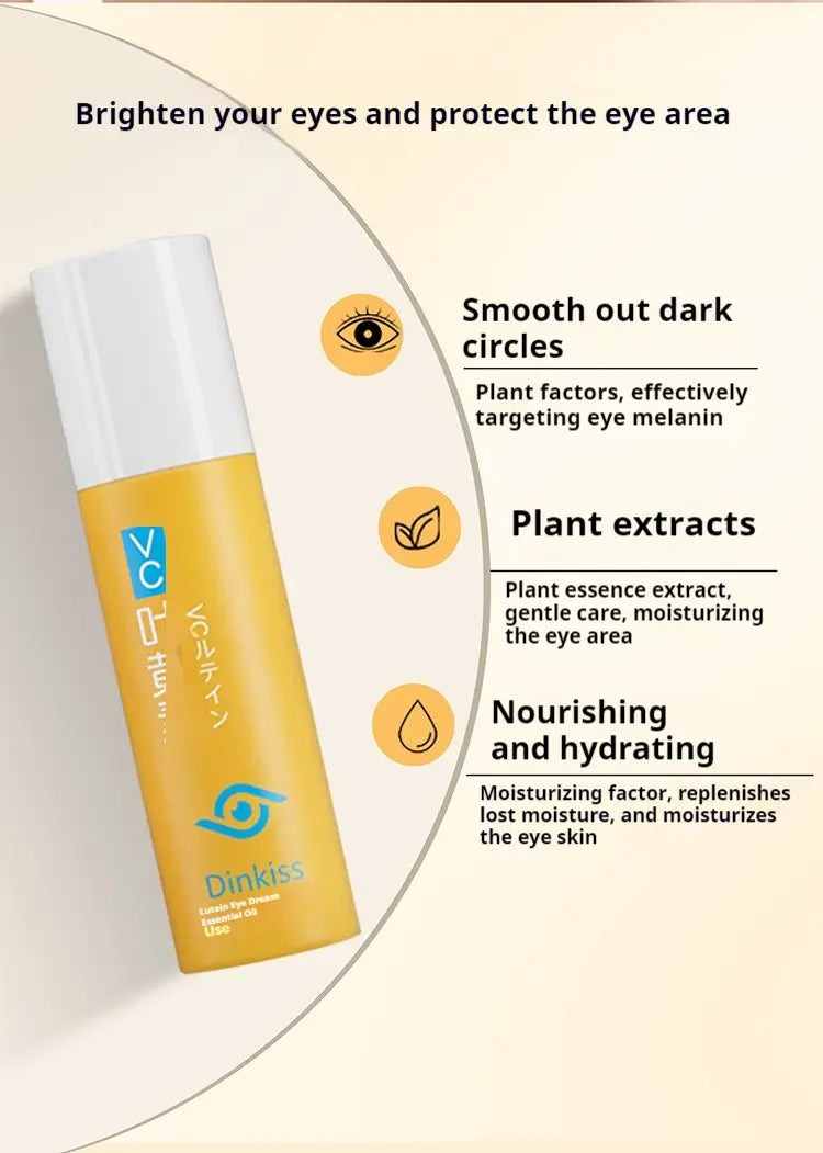 yellow and white cylindrical eye cream bottle with dinkiss branding for lutein eye essential oil hydrating vc serum 8ml designed for moisturizing and revitalizing the eye area.