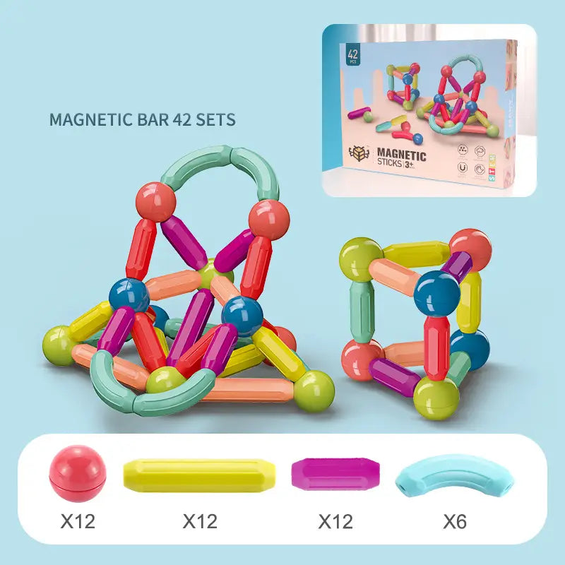 Conjunto de bloques magnéticos coloridos para niños con varillas y esferas vibrantes de formas y estilos variados para la construcción creativa y el aprendizaje.
