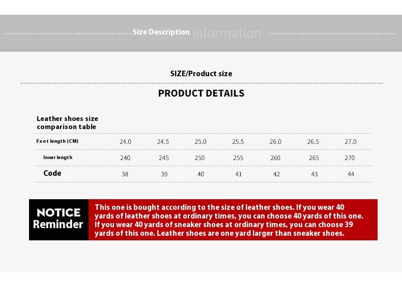 Tableau comparatif des tailles de chaussures habillées en cuir Oxford pour homme, style japonais, indiquant les mesures en centimètres et les codes de taille de 38 à 44.