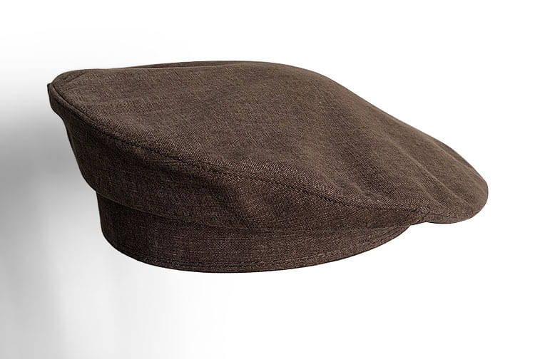 Béret en laine béret noir pour peintre pour femmes, présentant une casquette plate en lin marron, avec une calotte structurée légèrement arrondie et une bordure souple.