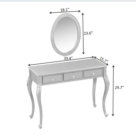 silver ornate vanity table with an oval mirror and three drawers designed as a gold makeup vanity desk for elegant dressing and storage