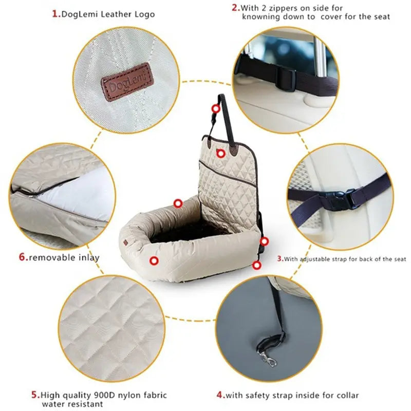beige quilted dog car seat bed made of water-resistant 900d nylon fabric with doglemi leather logo patch designed as a foldable carrier