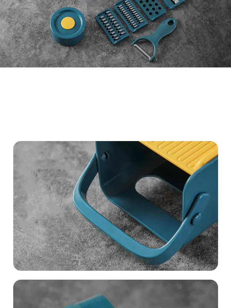 Trancheuse à légumes en plastique turquoise et jaune 5 en 1, multi-fonctionnelle, avec des lames interchangeables pour une préparation polyvalente des aliments.
