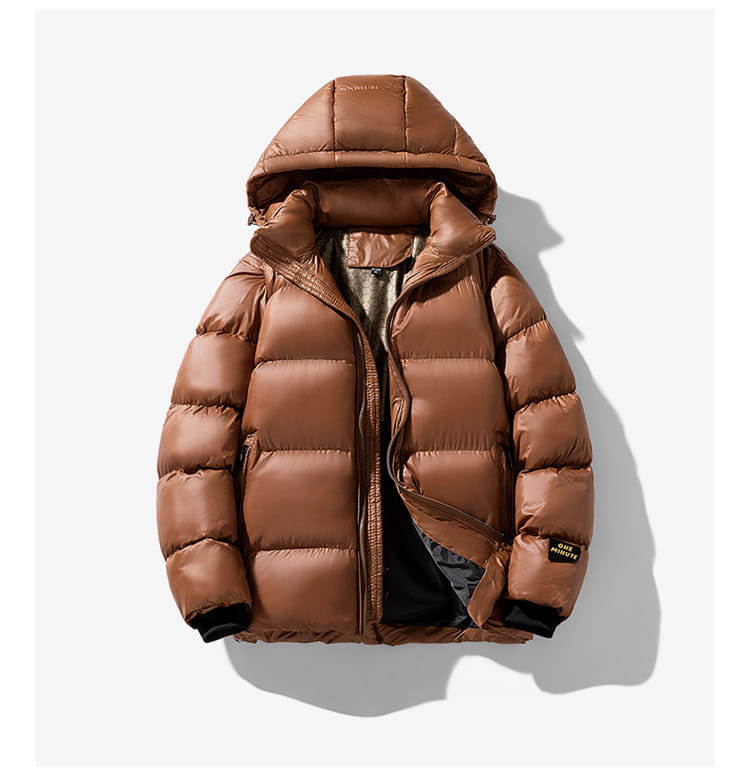 Men’s hooded corduroy puffer jacket in brown with quilted design and black trim on the cuffs, plus size.