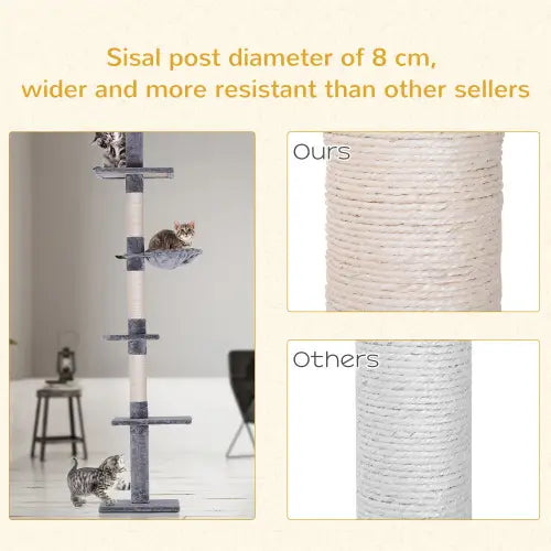 Adjustable floor-to-ceiling cat tree grey featuring a tall sturdy design with a sisal-wrapped post and gray platforms for climbing and scratching.