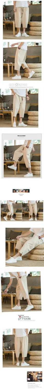 Men linen capri pants in light beige cotton with a relaxed fit and subtle side pockets.