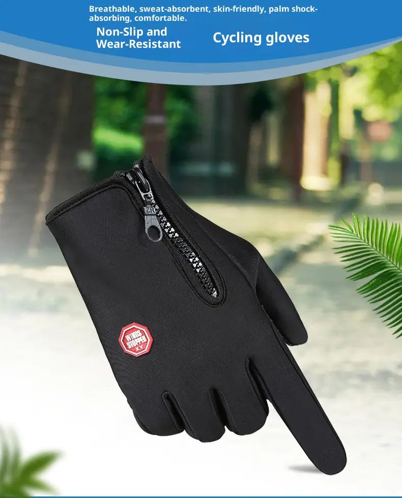 Back side of a black windproof thermal cycling glove with a zipper and a red logo patch designed for outdoor sports and touchscreen use.