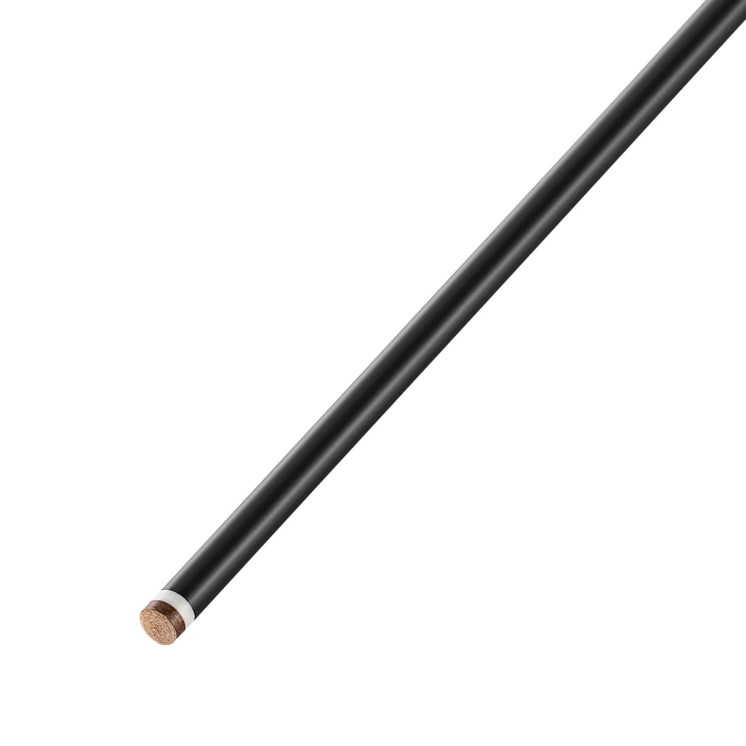 Black pool cue 58 inch fiberglass titanium composite stick with a matte finish and wooden tip.