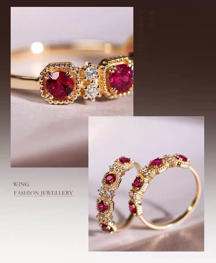 Gold-toned 18k gold plated band ring featuring three prominent pigeon blood red rubies flanked by smaller clear diamond stones in an ornate design.