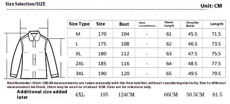 The image displays a size chart for a white long-sleeved shirt with a collar shown with the men’s wool suit blazer slim fit winter jacket.