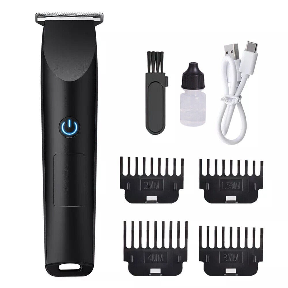 Tondeuse à cheveux électrique sans fil noire, avec bouton d’alimentation bleu et design ergonomique élégant, pour le dressage de la barbe dans un ensemble de coupe-barbe sans fil